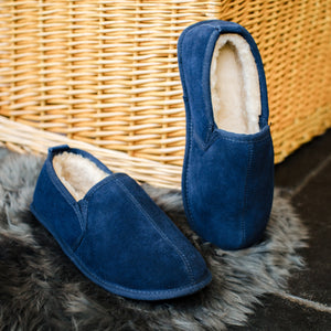 Deluxe Mens 'Liam' Sheepskin Slippers with Soft Sole - Navy