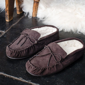 Mens Sheepskin Moccasin with Extra Thick Wool and Hard Sole - Brown