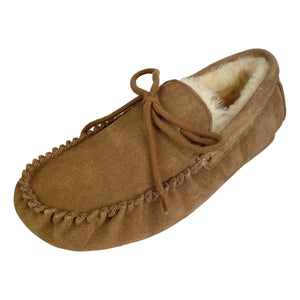 Deluxe Mens 'Leo' Lambswool Moccasin Slippers with Hard Sole - Chestnut