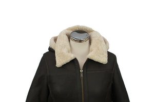 Ladies Jessie Hooded Leather Sheepskin Jacket - Dark Brown