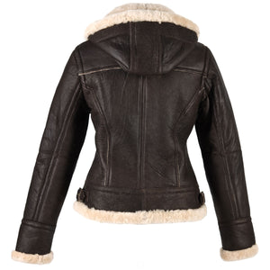 Ladies Jessie Hooded Leather Sheepskin Jacket - Dark Brown