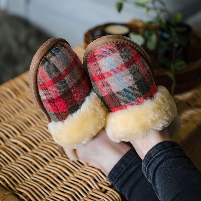 Deluxe Ladies 'Kristine' Sheepskin Slipper Mule - Red Tartan