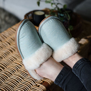 Deluxe Ladies 'Daisy' Sheepskin Slipper Mule - Herringbone Aqua