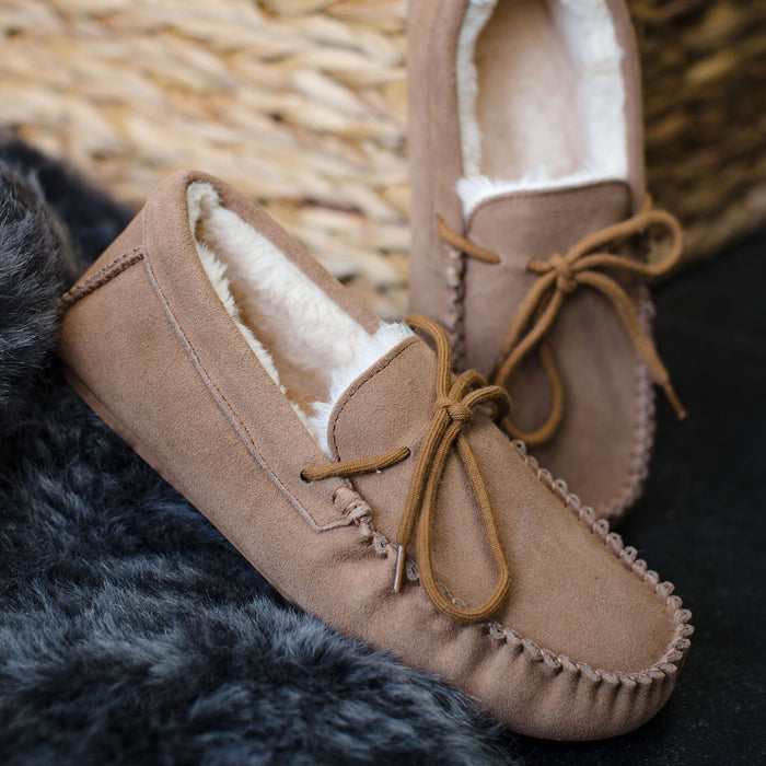 Mens Sheepskin Moccasin with Extra Thick Wool and Hard Sole - Camel