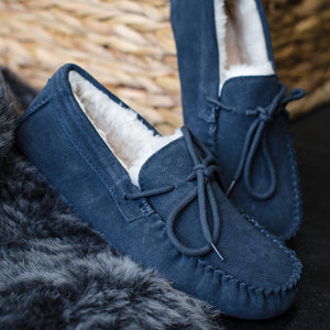 Deluxe Mens 'Leo' Lambswool Moccasin Slippers with Hard Sole - Navy