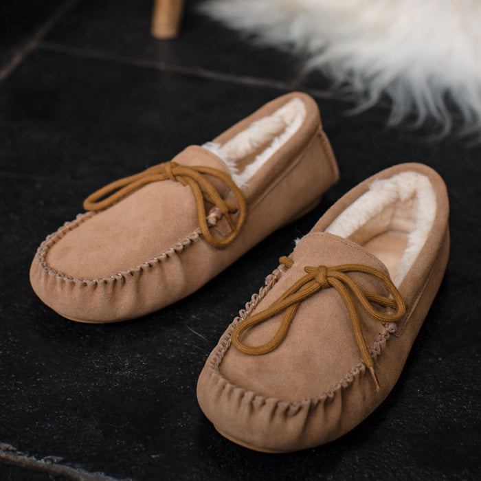 Deluxe Mens 'Adam' Sheepskin Moccasin Slippers with Hard Sole - Chestnut