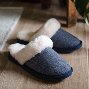 Deluxe Ladies 'Daisy' Sheepskin Slipper Mule - Herringbone Navy