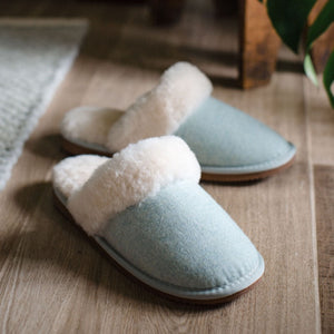 Deluxe Ladies 'Daisy' Sheepskin Slipper Mule - Herringbone Aqua