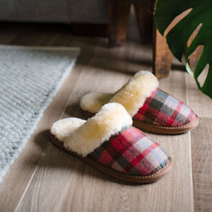 Deluxe Ladies 'Kristine' Sheepskin Slipper Mule - Red Tartan