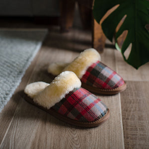 Deluxe Ladies 'Kristine' Sheepskin Slipper Mule - Red Tartan