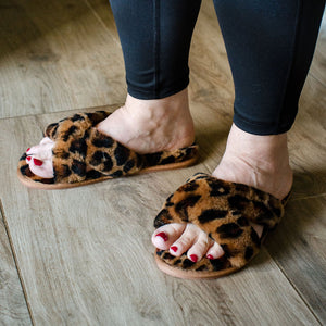 Ladies - Delilah Sheepskin Cross Over Slider - Leopard