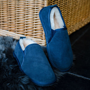 Deluxe Mens 'Avi' Sheepskin Slippers with Hard Sole - Navy