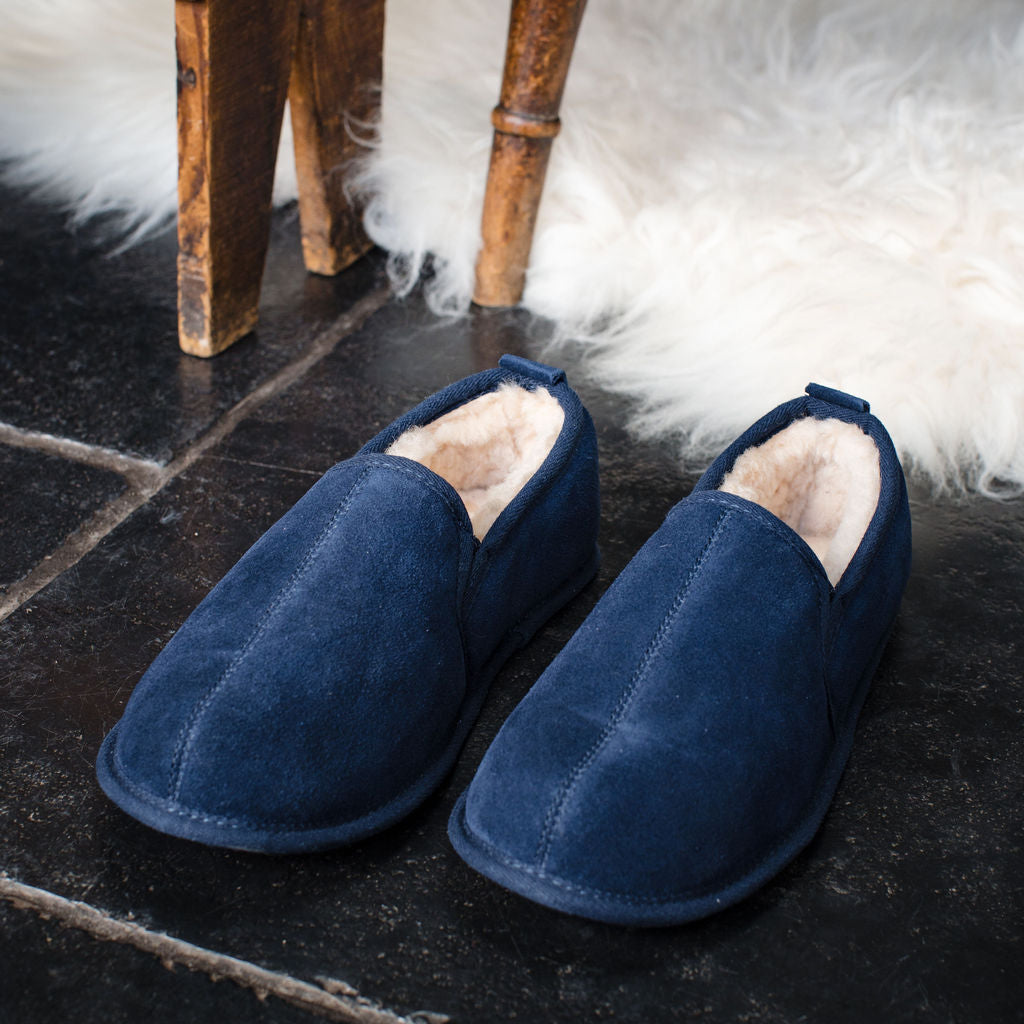 Deluxe Mens 'Liam' Sheepskin Slippers with Soft Sole Navy