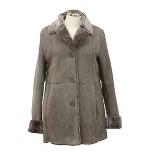 Ladies Anette Suede Leather Sheepskin Coat - with Button Fastenings - Vizon Grey