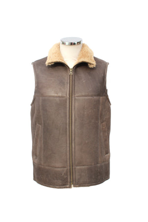 Mens Harvey Gilet Leather Sheepskin Coat - Chocolate Forest Distressed