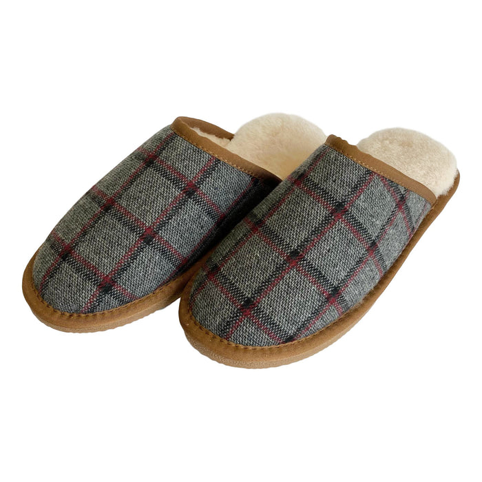 Deluxe Mens 'Michael' Sheepskin Slipper Mule - Grey/Red Tartan