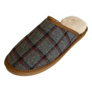 Deluxe Mens 'Michael' Sheepskin Slipper Mule - Grey/Red Tartan