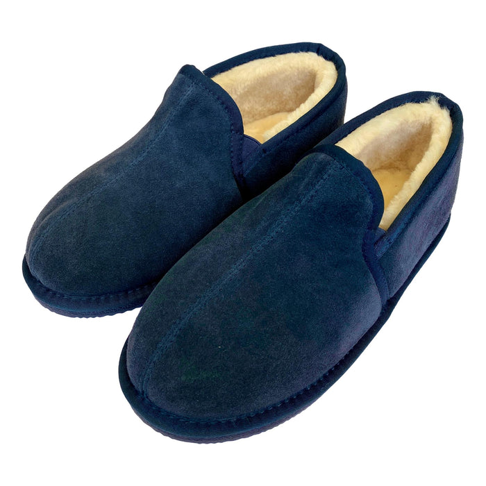 Deluxe Mens 'Elliot' Lambswool Slippers with Hard Sole - Navy