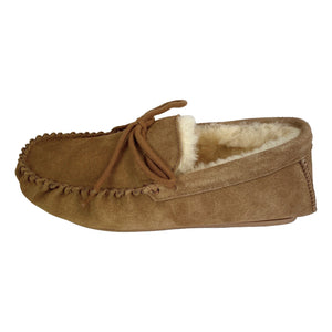 Deluxe Mens 'Leo' Lambswool Moccasin Slippers with Hard Sole - Chestnut