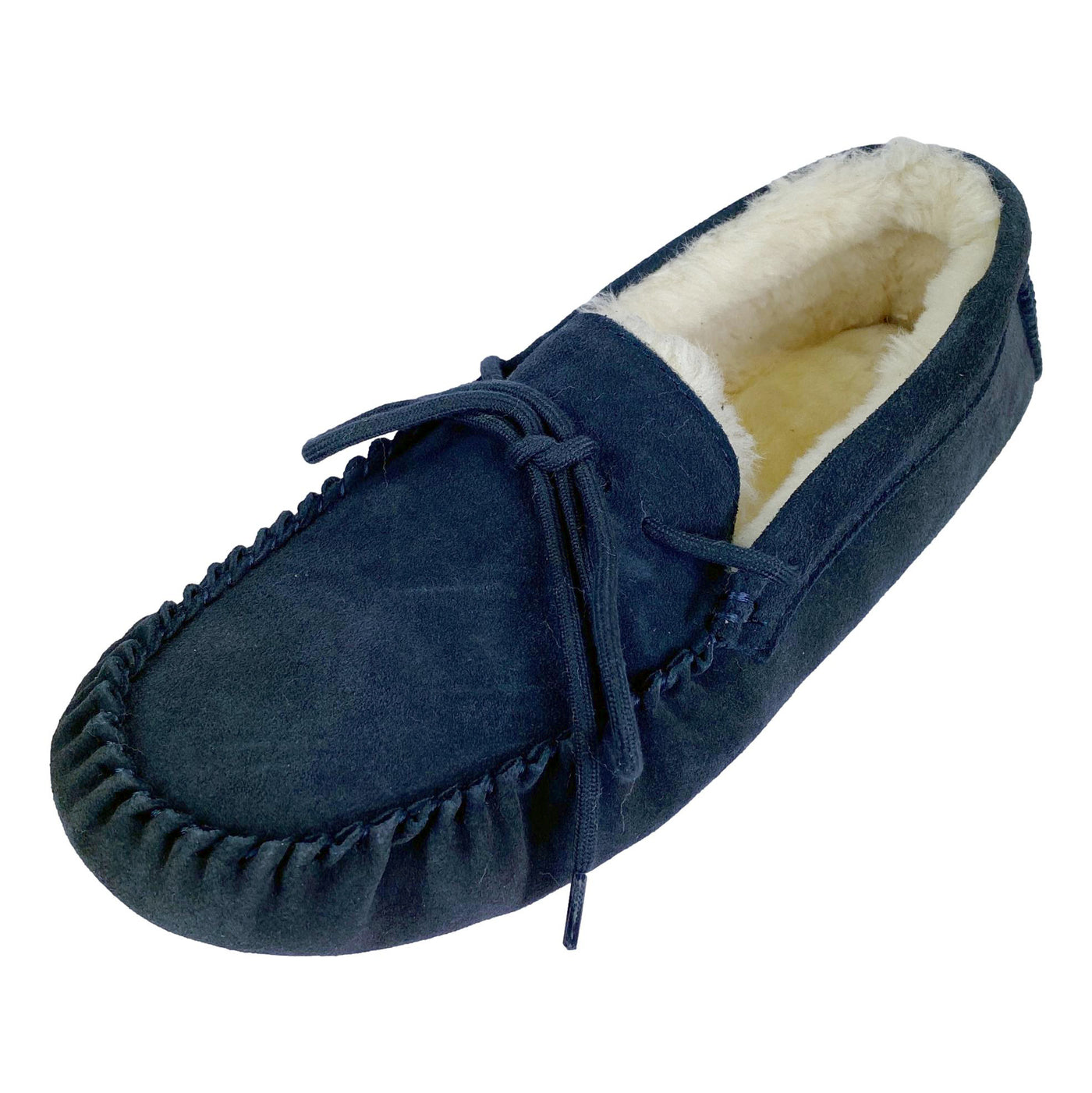 Deluxe Mens Leo Lambswool Moccasin Slippers with Hard Sole Navy Sheepskin World