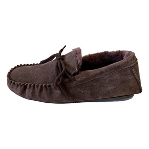 Deluxe Mens 'Adam' Sheepskin Moccasin Slippers with Hard Sole - Chocolate
