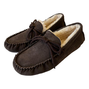 Deluxe Mens 'Leo' Lambswool Moccasin Slippers with Hard Sole - Chocolate