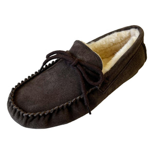 Deluxe Mens 'Leo' Lambswool Moccasin Slippers with Hard Sole - Chocolate