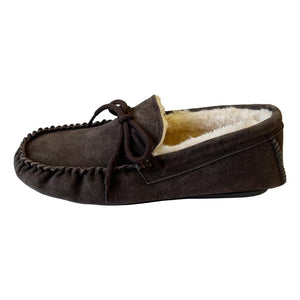 Deluxe Mens 'Leo' Lambswool Moccasin Slippers with Hard Sole - Chocolate