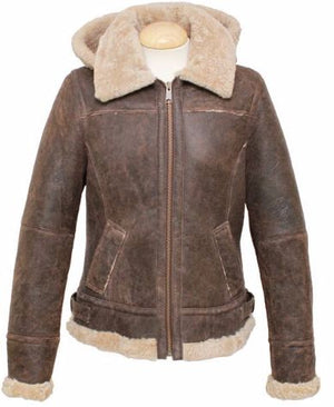 Ladies Jessie Hooded Leather Sheepskin Jacket - Chocolate Forest