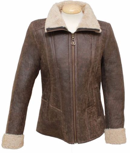 Ladies Krissy Leather Sheepskin Aviator Jacket - Chocolate Forest