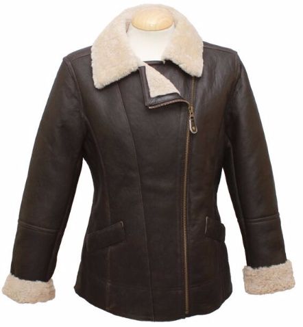 Ladies Mepal Leather Sheepskin Flying Jacket - Dark Brown