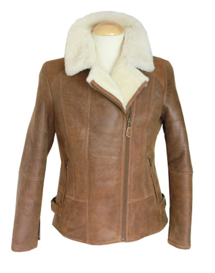 Ladies Sue Flying Aviator Leather & Sheepskin Jacket - Whiskey